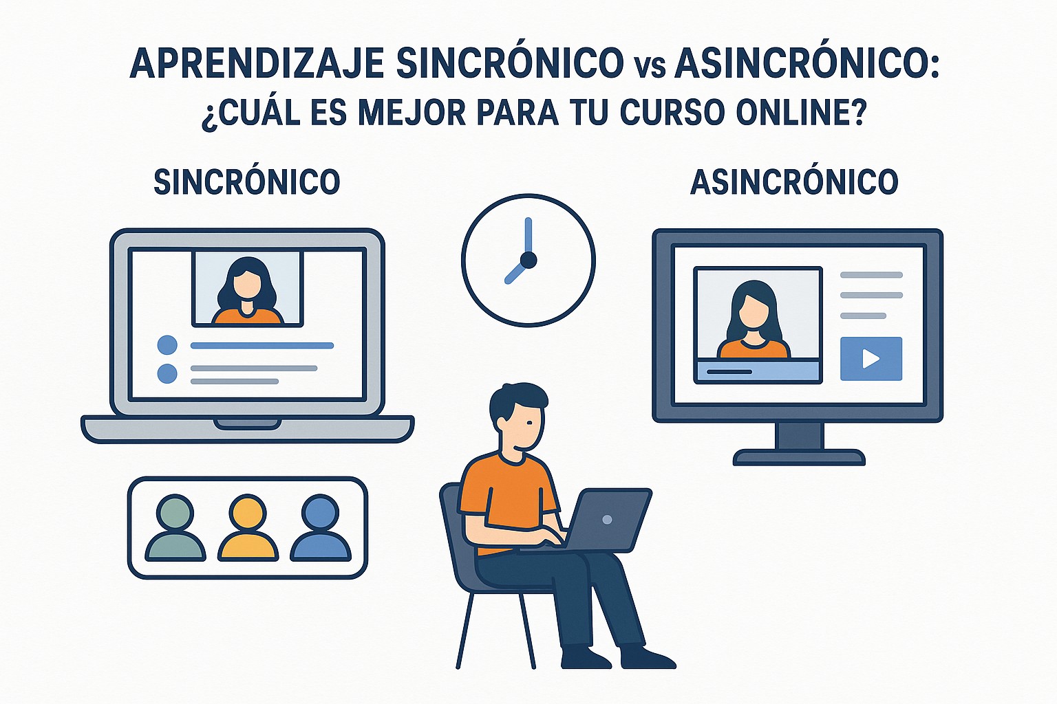 Ilustración sobre aprendizaje sincronico vs asincronico elearning