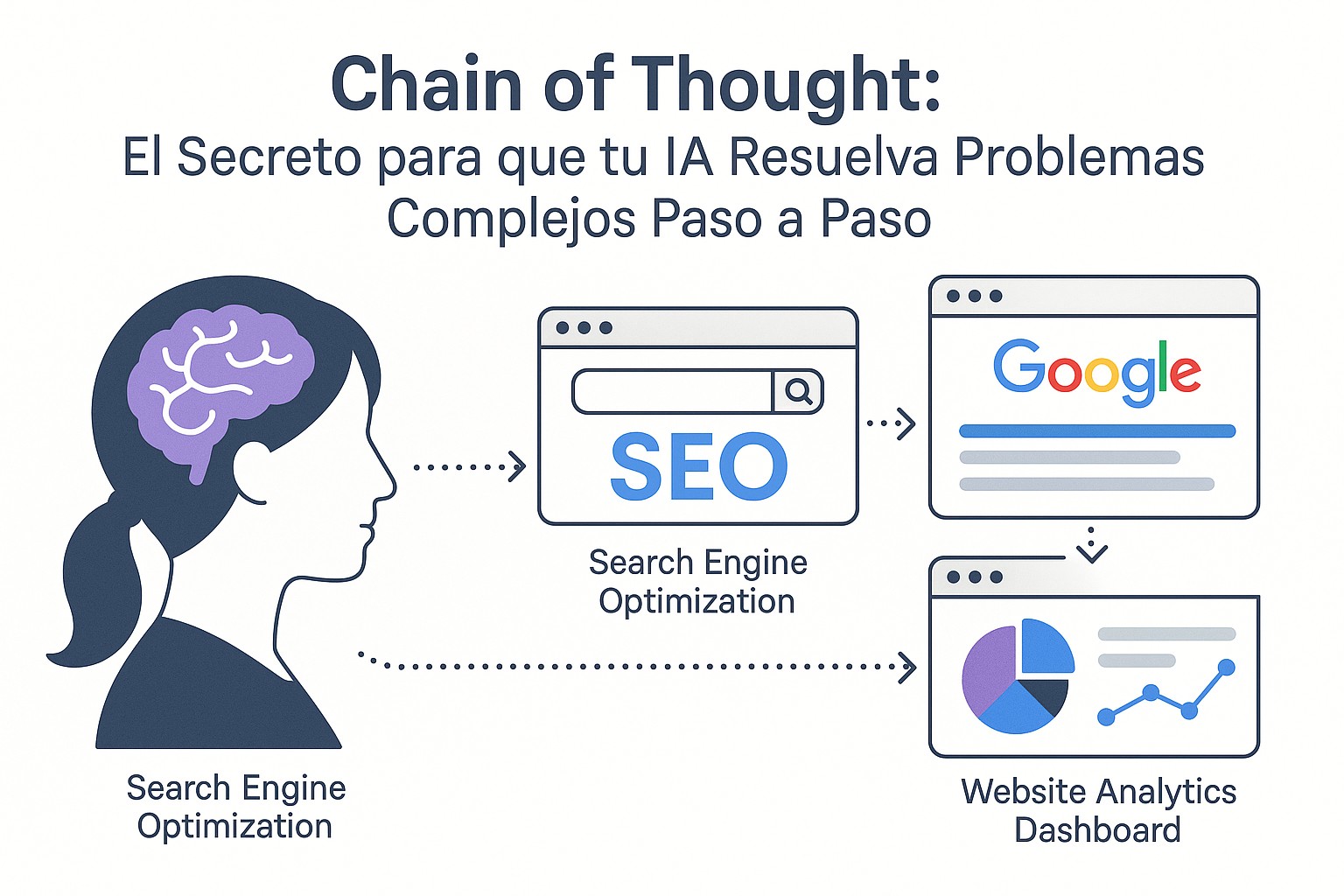 Ilustración que muestra cómo los prompts avanzados utilizando Chain of Thought guían a una IA a través de la lógica secuencial para una resolución de problemas más precisa.