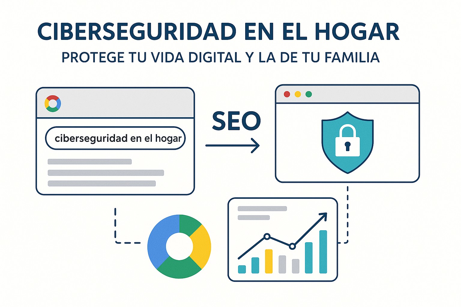 Una familia en casa interactuando con dispositivos electrónicos de forma segura, con iconos de escudo y protección.