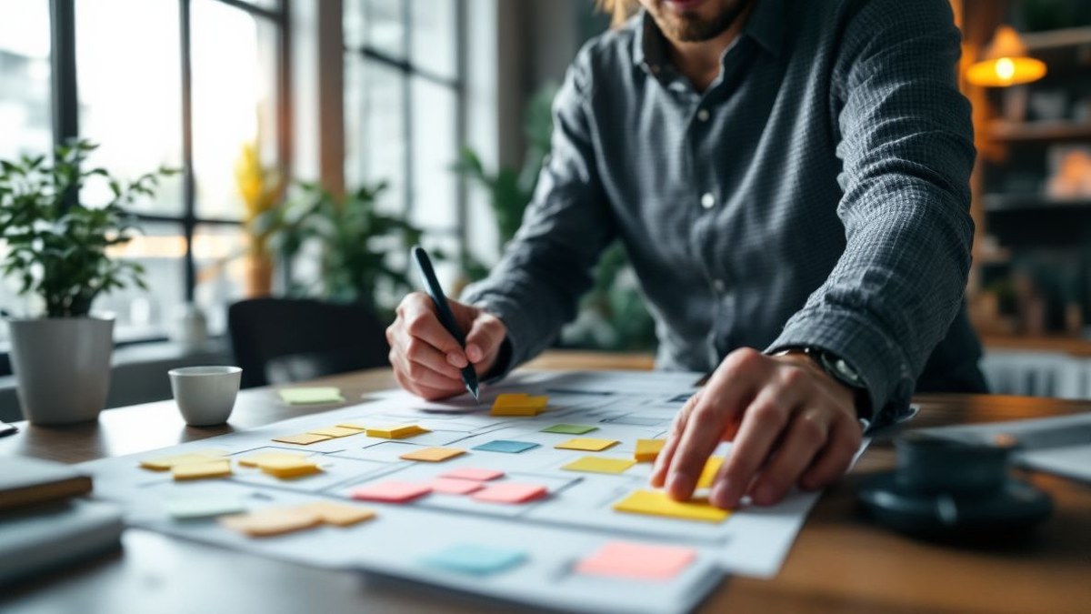 Persona organizando un plan de negocio con notas adhesivas y un lienzo de modelo de negocio sobre una mesa