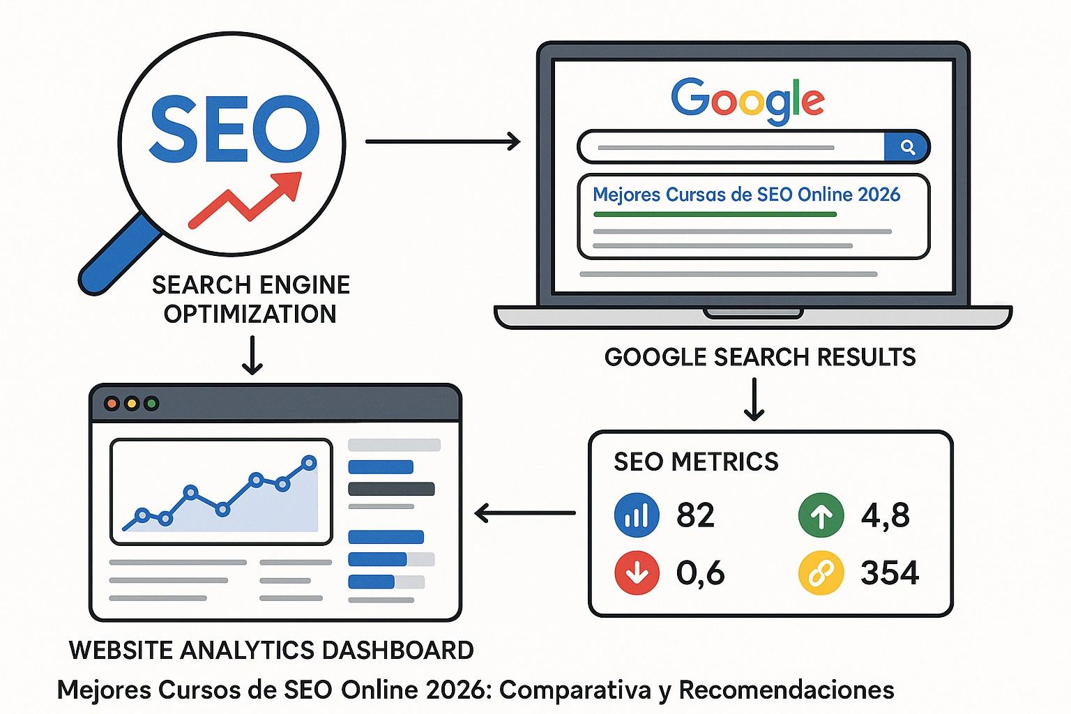 Tabla de los mejores cursos SEO en línea: plataformas, instructores, materiales incluidos y certificados
