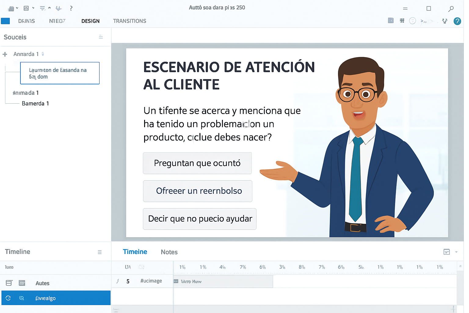 Interfaz de Articulate Storyline 360 mostrando un escenario de simulación ramificada con tres opciones de respuesta para capacitación en atención al cliente.
