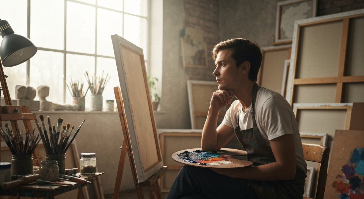Artist in sunlit studio contemplating their art, representing Enneagram Type 4 Individualist.