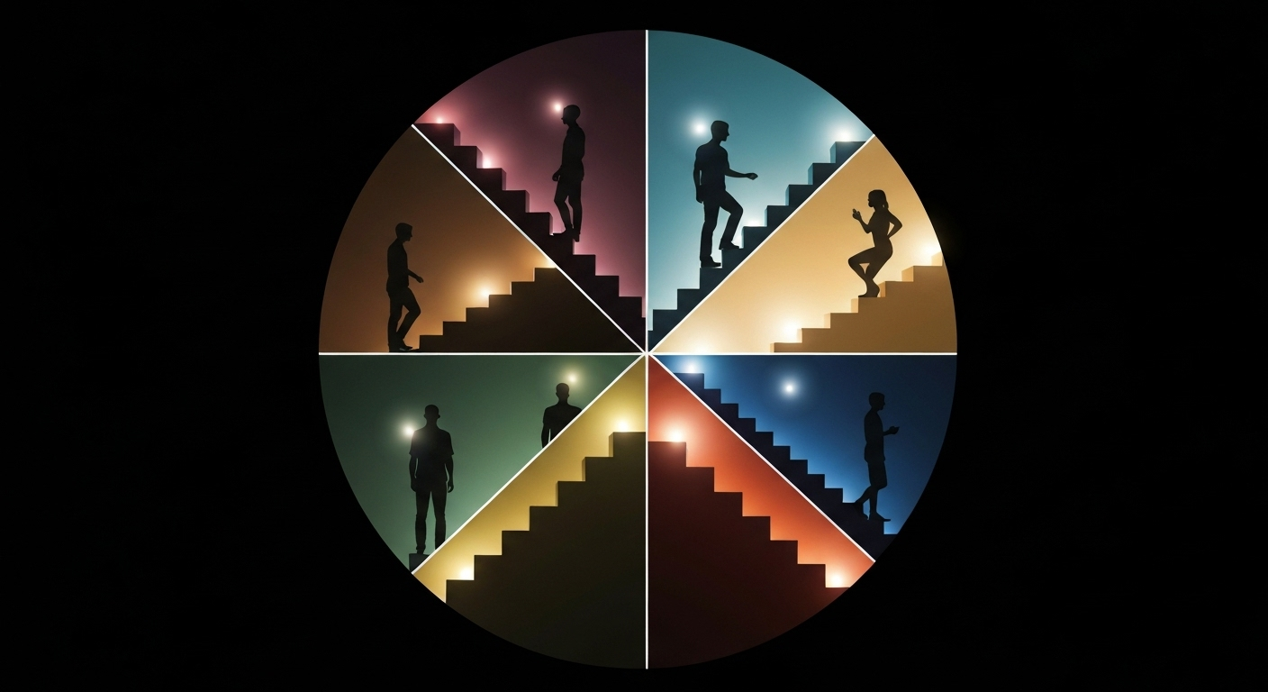 Nine silhouetted figures climb differently-sized staircases within an enneagram symbol, representing leadership growth.
