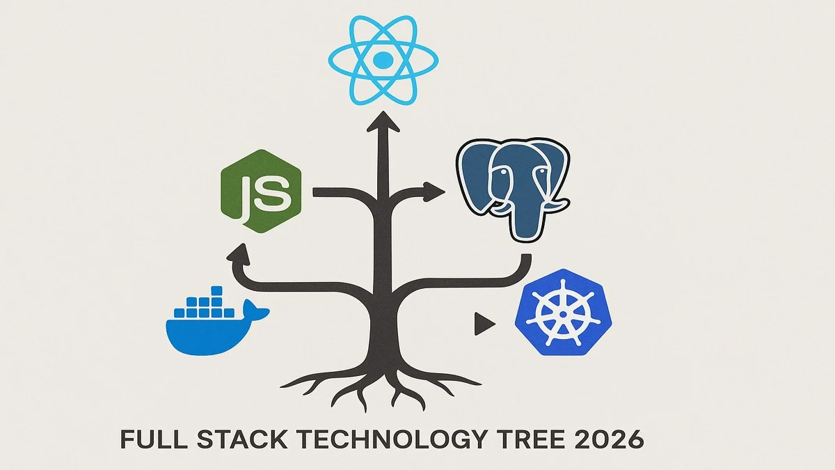 &Aacute;rbol de tecnolog&iacute;as full stack 2026: React en la ra&iacute;z frontend, Node.js y PostgreSQL en el backend, Docker y Kubernetes en la capa de infraestructura, con conexiones entre capas mostrando el flujo de datos de la aplicaci&oacute;n