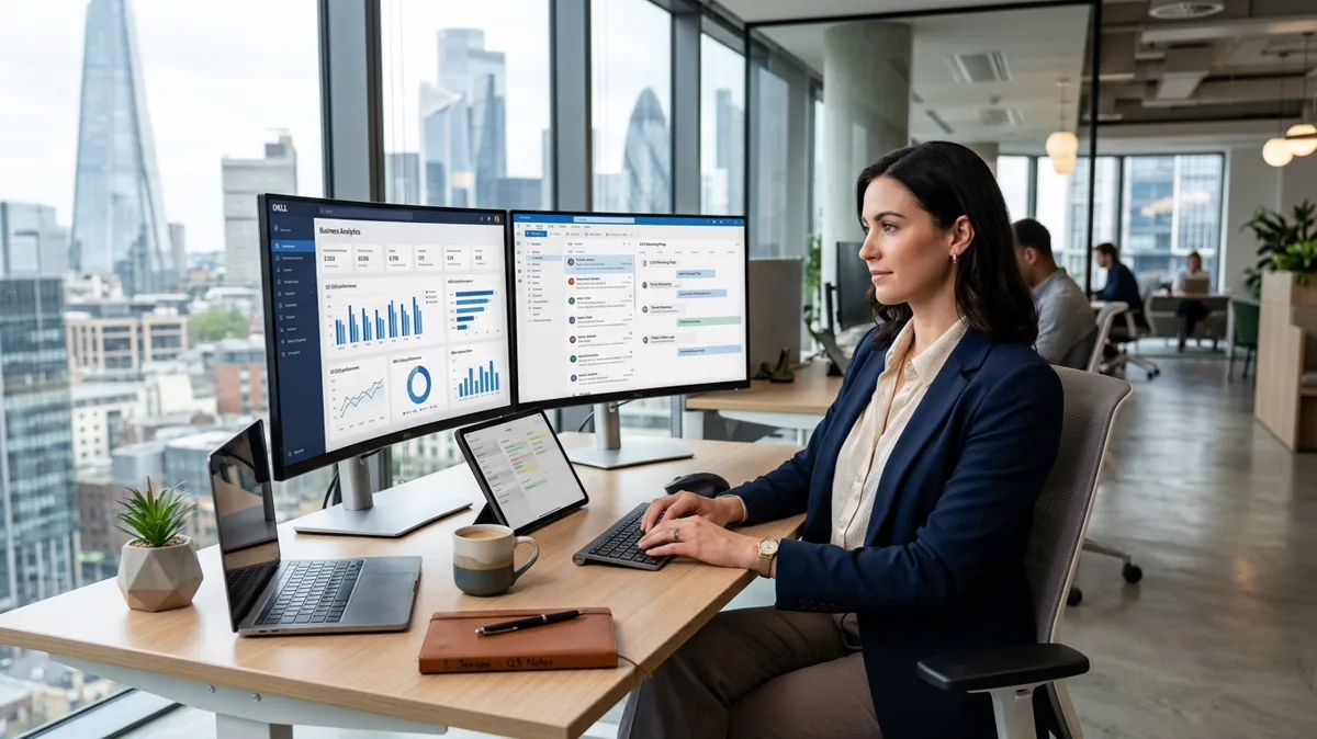 Secretaria ejecutiva moderna trabajando en oficina corporativa con doble monitor y herramientas de automatización 2026