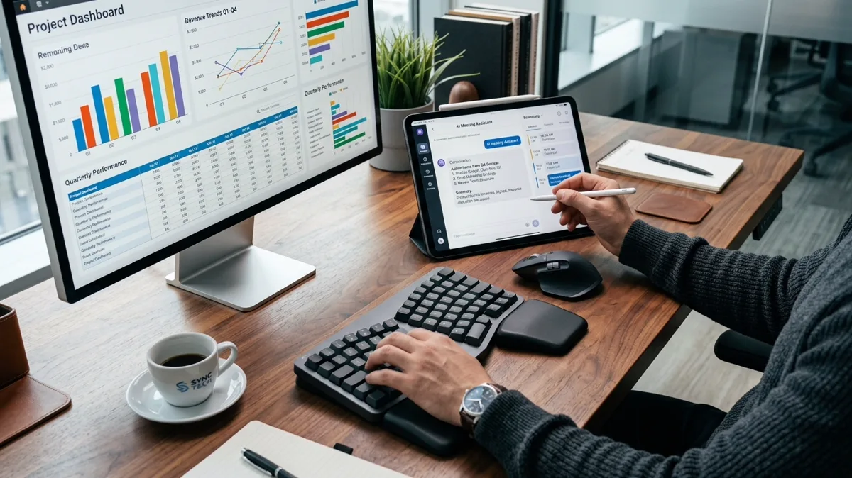 Espacio de trabajo moderno de asistente administrativa con teclado ergonómico, tablet con asistente de reuniones IA y monitor con métricas