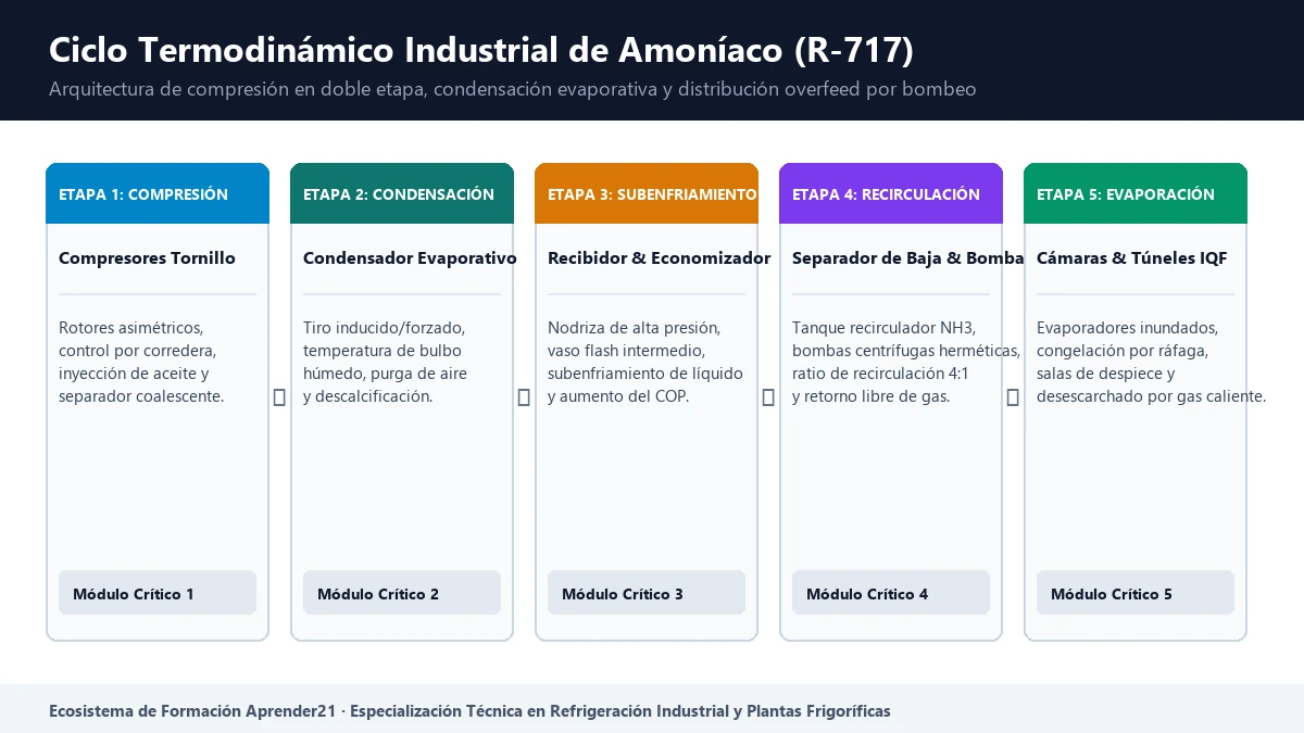 Infografía del ciclo termodinámico de refrigeración industrial con amoníaco R-717 en 5 etapas técnicas 2026