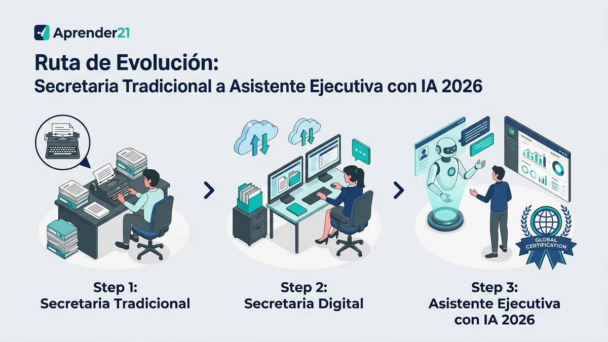 Infografía: Ruta de evolución de secretaria tradicional a secretaria digital y asistente ejecutiva con IA 2026