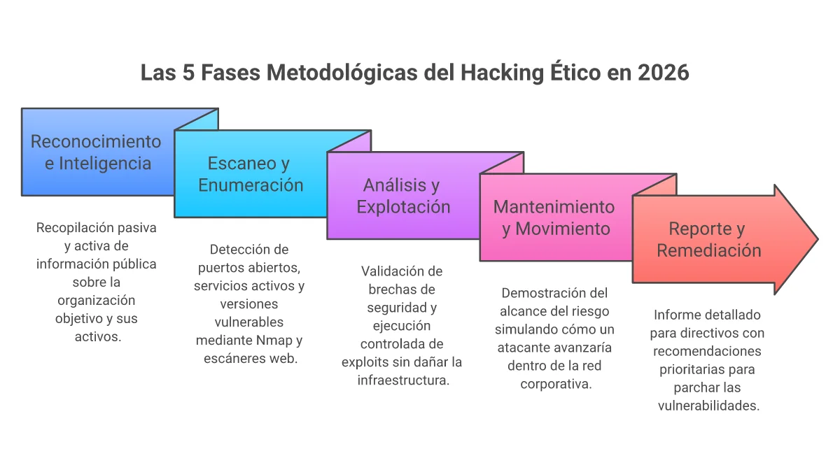 Infografía de las 5 fases metodológicas del hacking ético y penetration testing en 2026