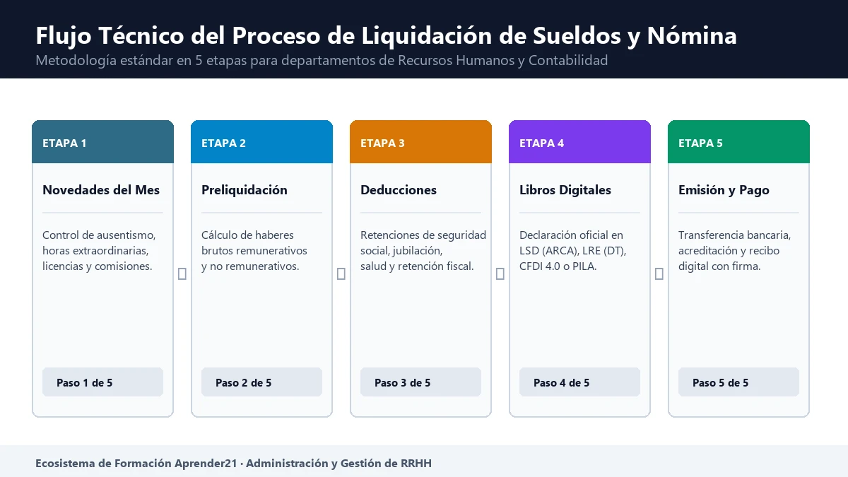Infografía: Flujo técnico en 5 pasos para la liquidación mensual de sueldos y nómina empresarial 2026