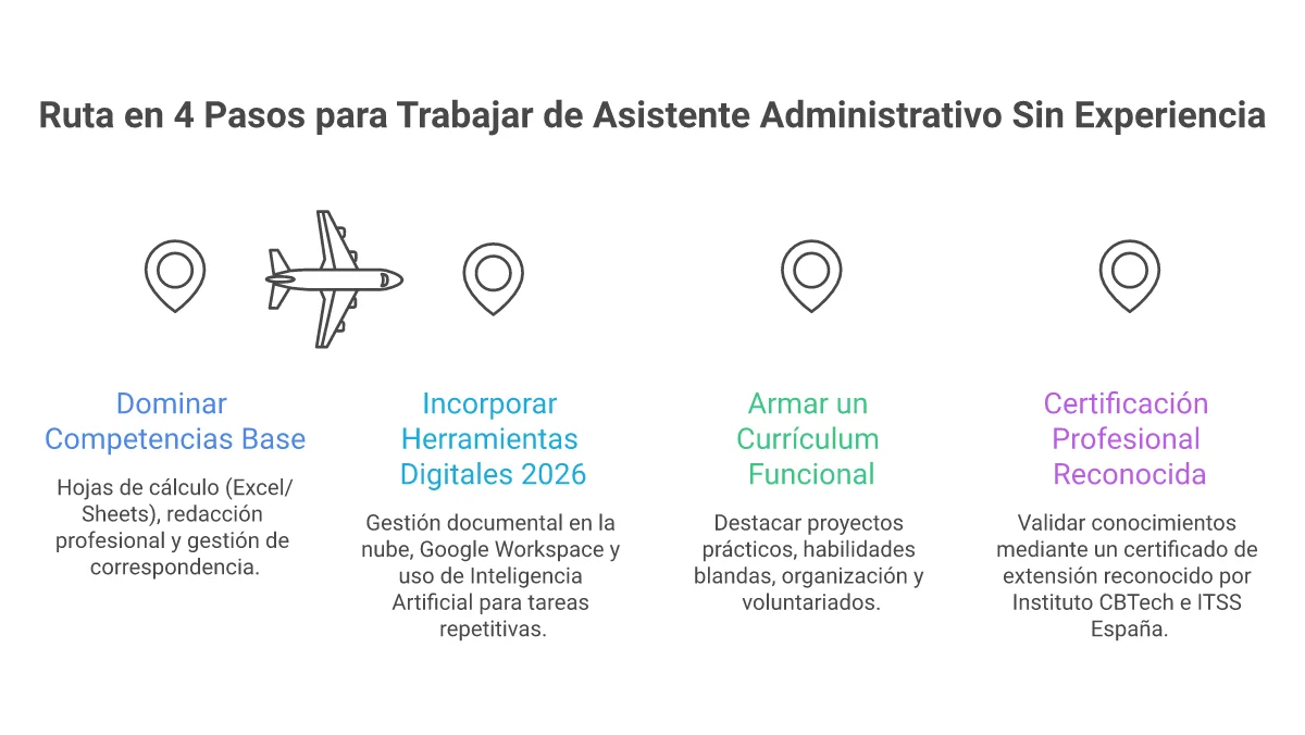 Infografía: Ruta en 4 pasos para trabajar de asistente administrativo sin experiencia previa en 2026