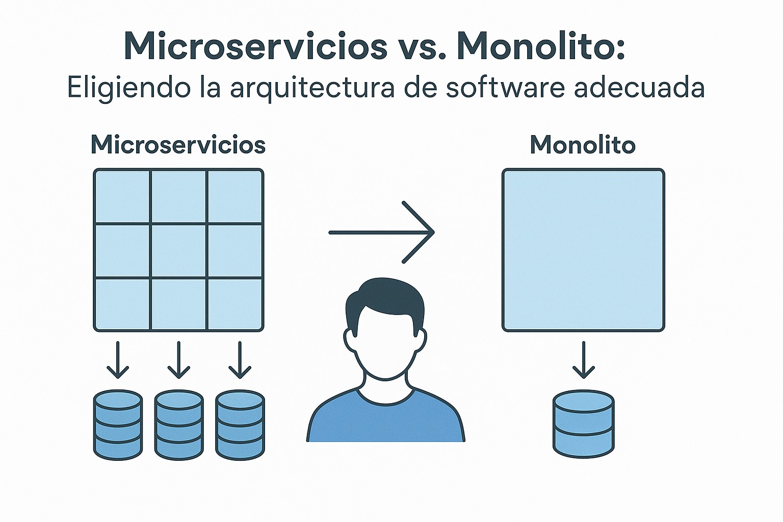 Representación visual de una arquitectura monolítica como un único bloque vs. microservicios como bloques pequeños interconectados.