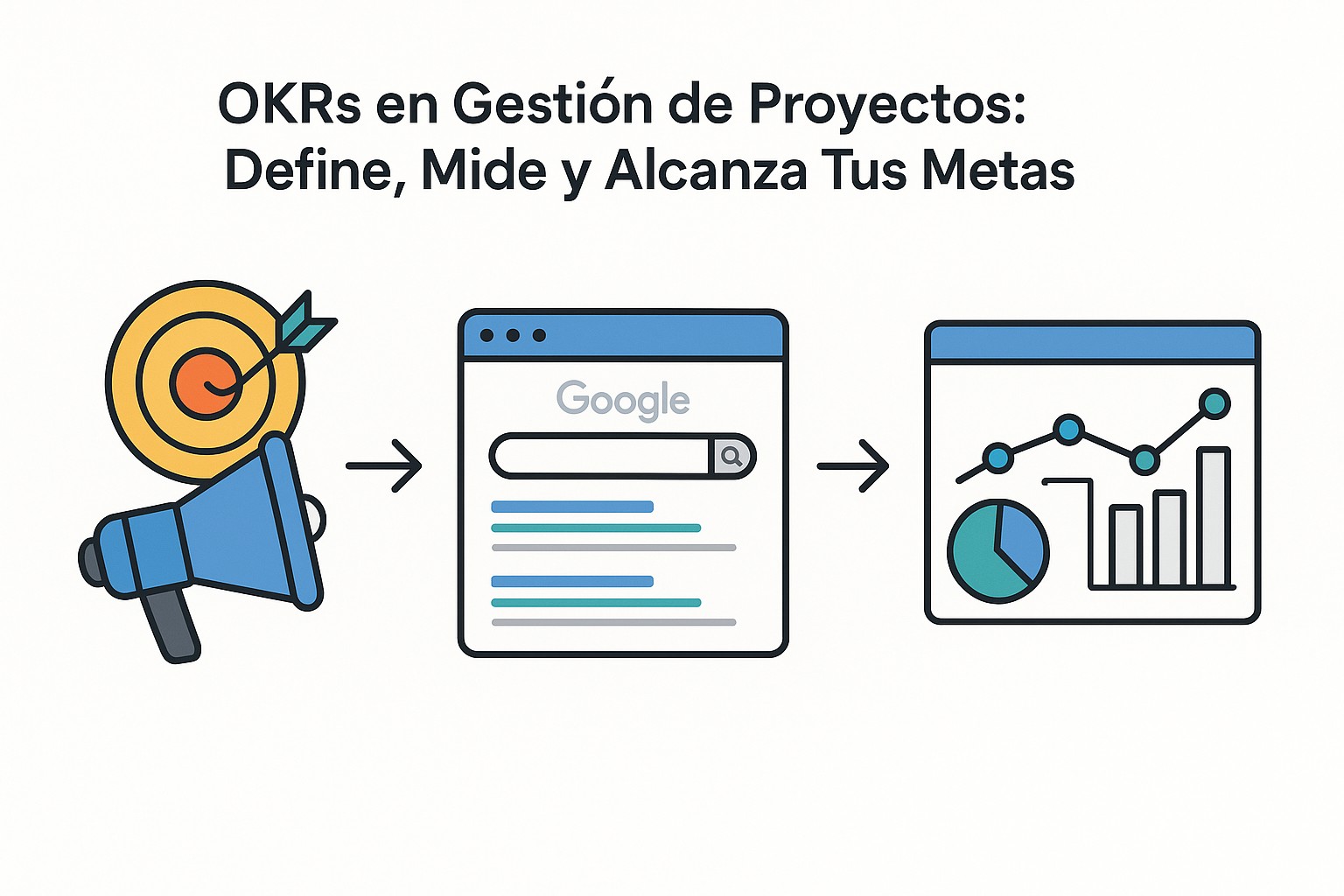 Diagrama visual de la relación entre objetivos, resultados clave e iniciativas en el marco OKR.