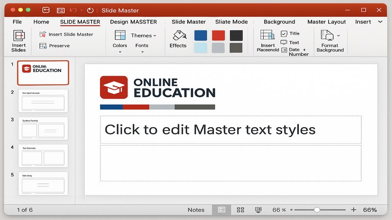 Vista de Slide Master en PowerPoint mostrando la diapositiva maestra con logo corporativo, paleta de colores y diseños de diapositiva hijo en el panel izquierdo
