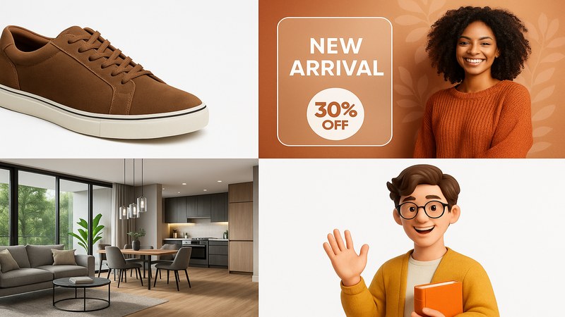 Cuatro imágenes de uso comercial generadas con IA: producto de e-commerce sobre fondo blanco, banner de marketing digital, render de interior de apartamento y personaje pedagógico para curso online