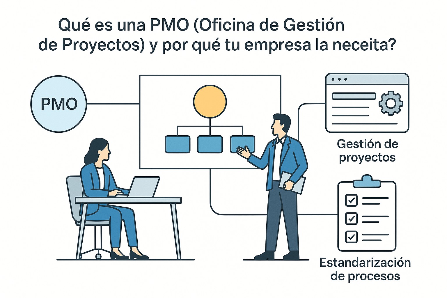 Un equipo de profesionales colaborando en una sala de reuniones, proyectando un dashboard de gestión de proyectos en una pantalla grande, simbolizando la colaboración facilitada por una PMO.