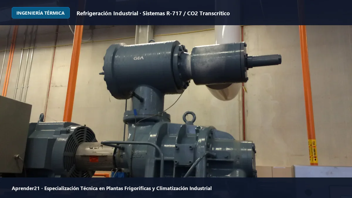 Planta frigorífica industrial con compresores a tornillo, separadores de amoníaco y condensadores evaporativos 2026