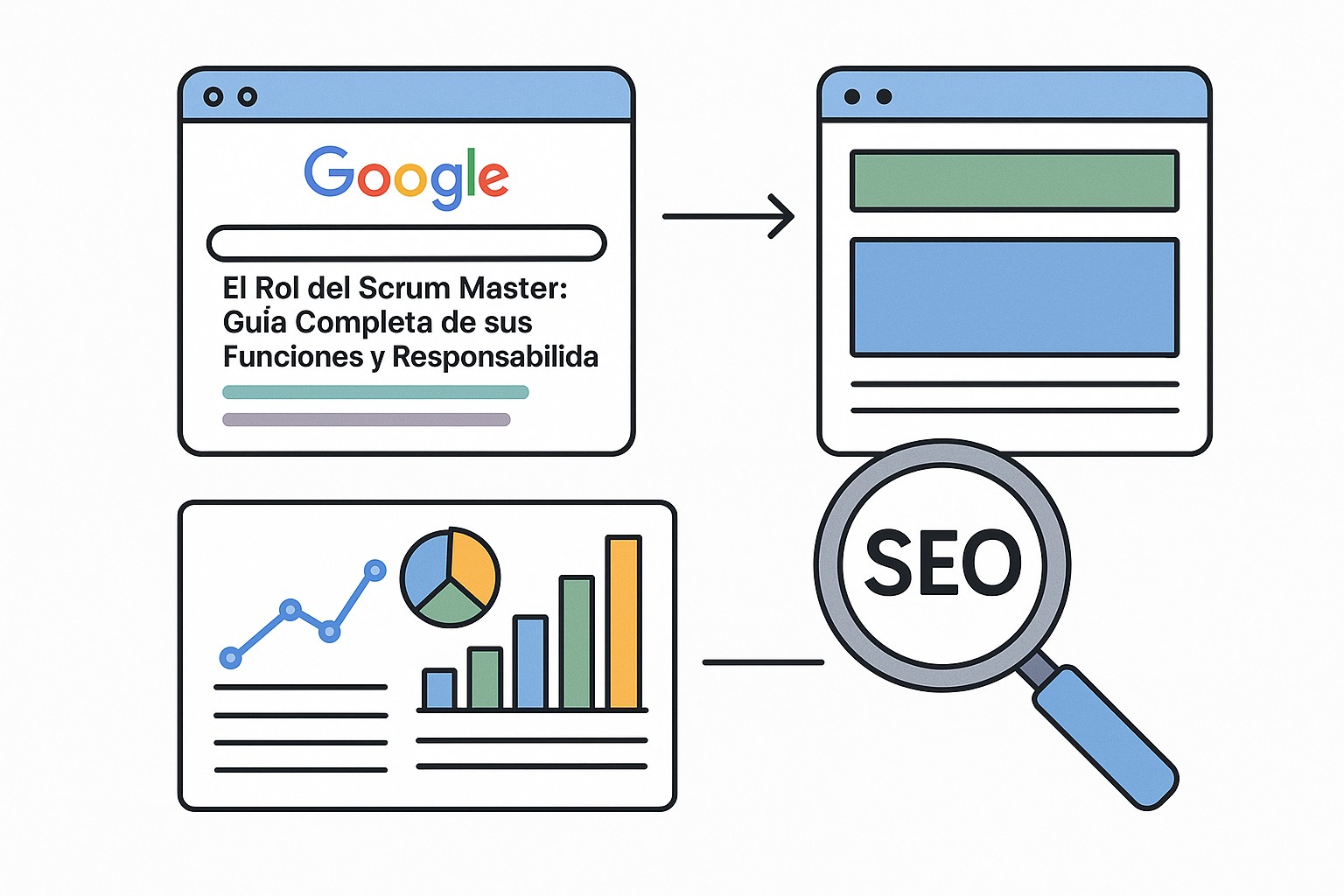 Un Scrum Master usando post-its para organizar tareas en una pared, con un equipo trabajando en segundo plano.