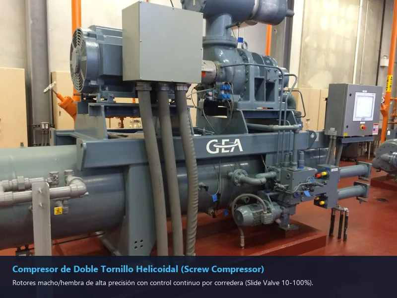 Corte transversal de un compresor de doble tornillo industrial con rotores helicoidales y corredera de modulación 2026