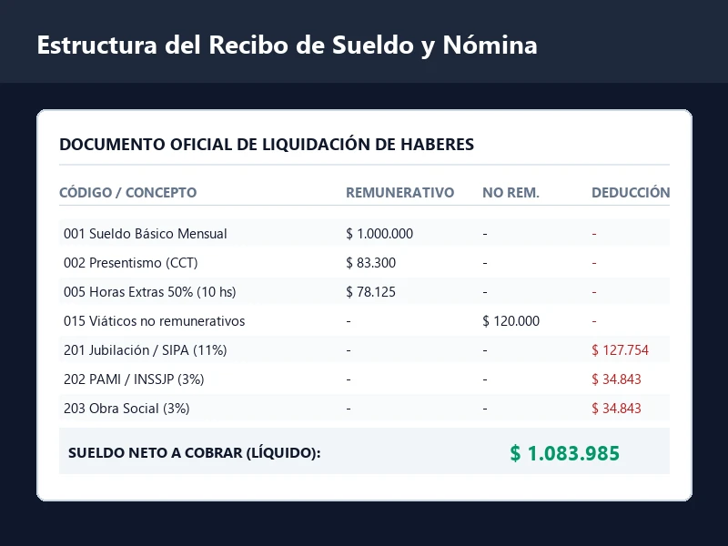 Estructura detallada de un recibo de sueldo oficial con desglose de conceptos remunerativos, deducciones y neto 2026
