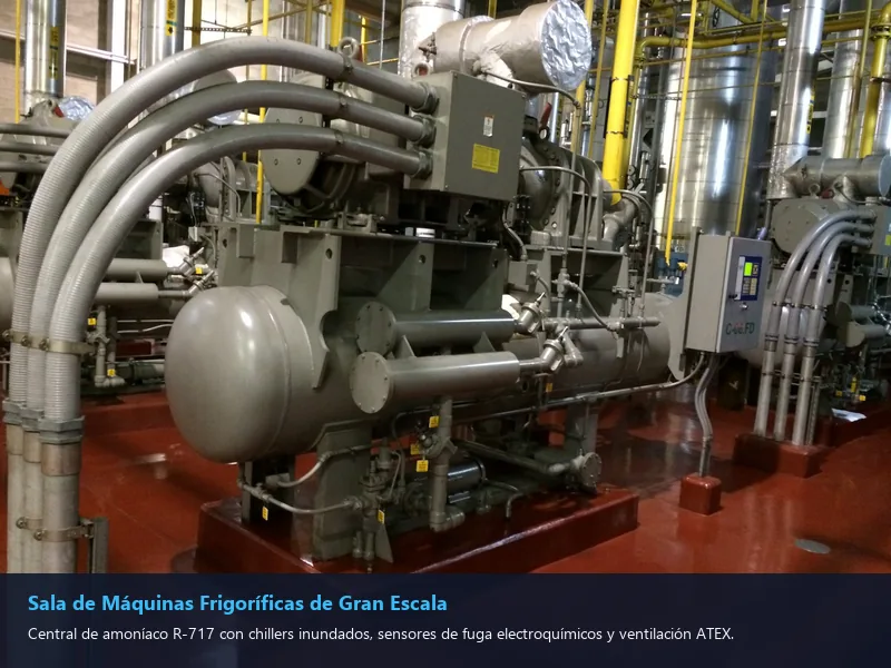 Sala de máquinas frigorífica de amoníaco con chillers inundados e instrumentación industrial SCADA 2026