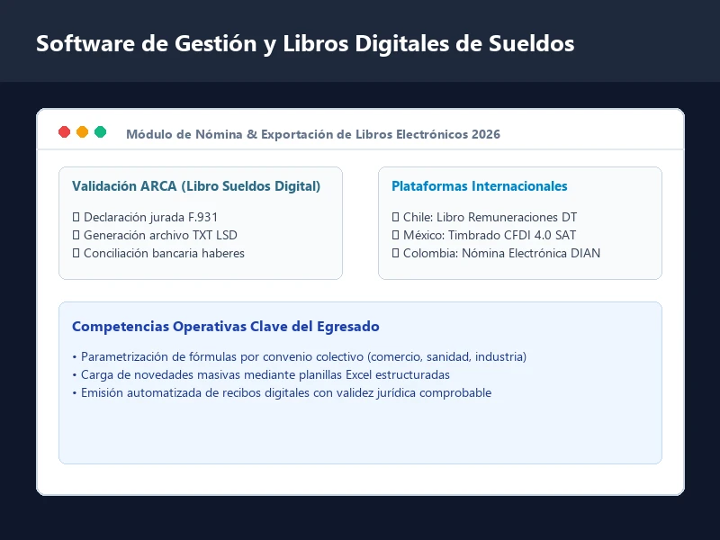 Panel de control de software de liquidación de sueldos y exportación a Libro de Sueldos Digital 2026