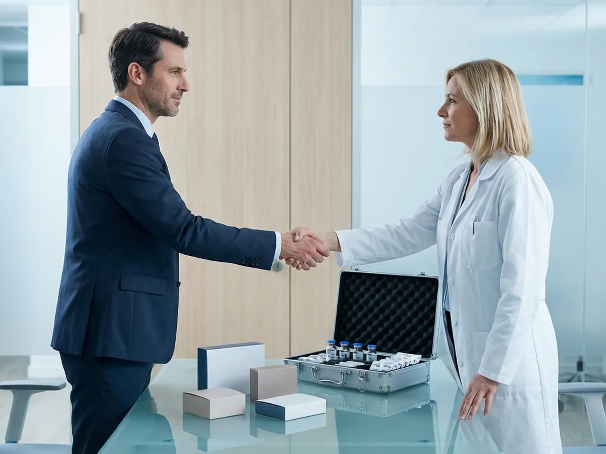 Visitador M&eacute;dico presentando productos farmac&eacute;uticos